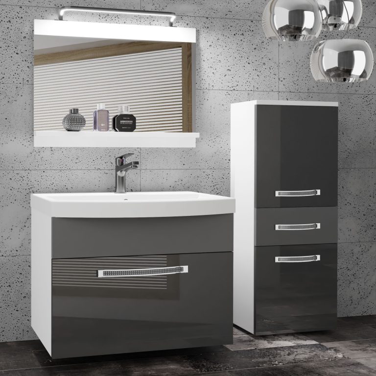 Set mobilă de baie Belini Premium Full Version gri lucios / gri mat + chiuveta + oglinda + iluminare LED GLA PM 2/0/W/SSR/0/MB/PP