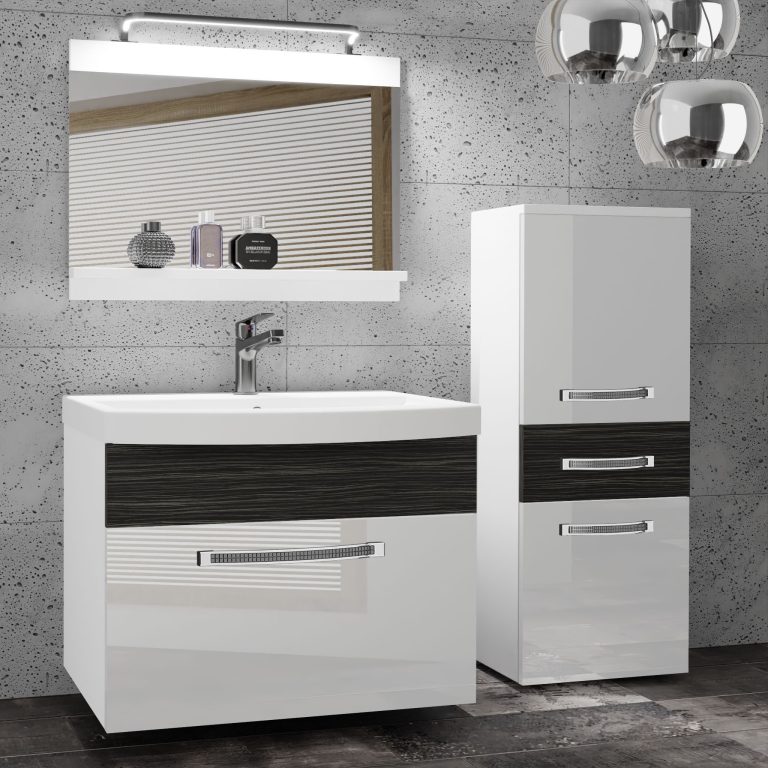 Set mobilă  de baie Belini Premium Full Version alb lucios / abanos regal + chiuveta + oglinda + iluminare LED GLA PM 2/0/W/WHK/0/MB/PP