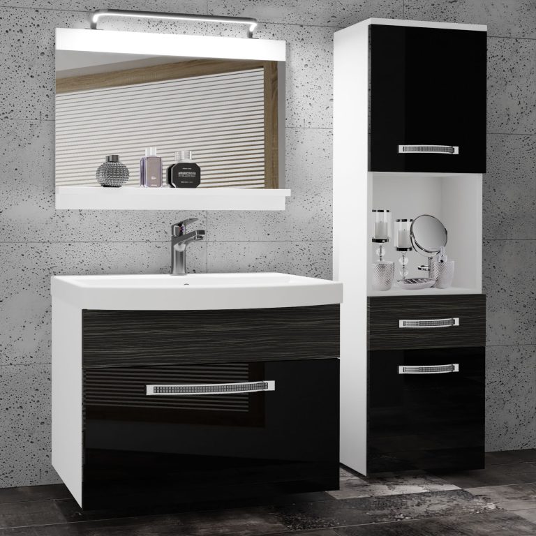 Set mobilă de baie Belini Premium Full Version negru lucios / abanos regal + chiuveta + oglinda + iluminare LED  GLA PM 3/0/W/BHK/0/MB/PP
