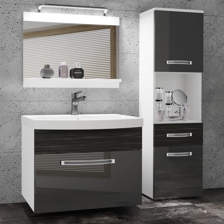 Set mobilă  de baie Belini Premium Full Version gri lucios / abanos regal + chiuveta + oglinda + iluminare LED GLA PM 3/0/W/SHK/0/MB/PP