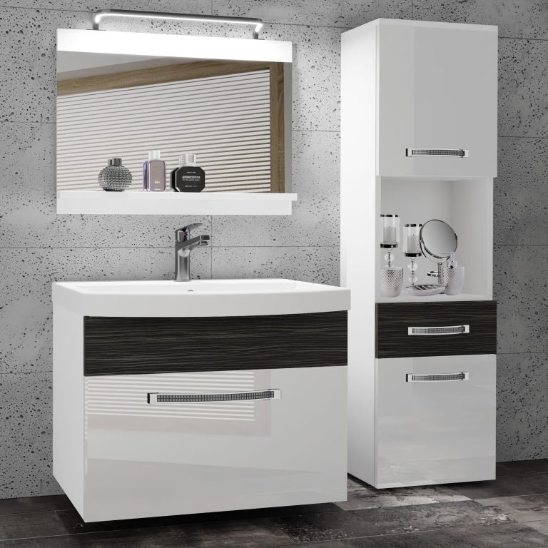Set mobilă  de baie Belini Premium Full Version alb lucios / abanos regal + chiuveta + oglinda + iluminare LED GLA PM 3/0/W/WHK/0/MB/PP