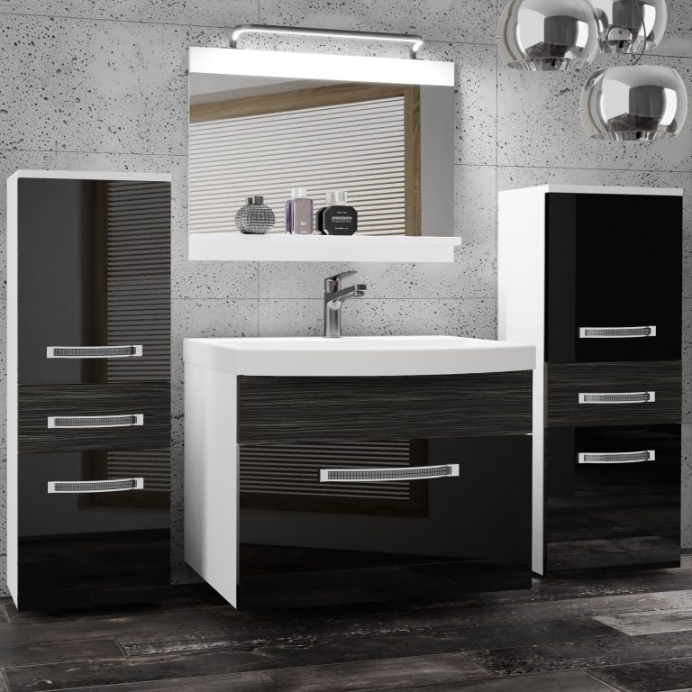 Set mobilă de baie Belini Premium Full Version negru lucios / abanos regal + chiuveta + oglinda + iluminare LED GLA PM 4/0/W/BHK/0/MB/PP