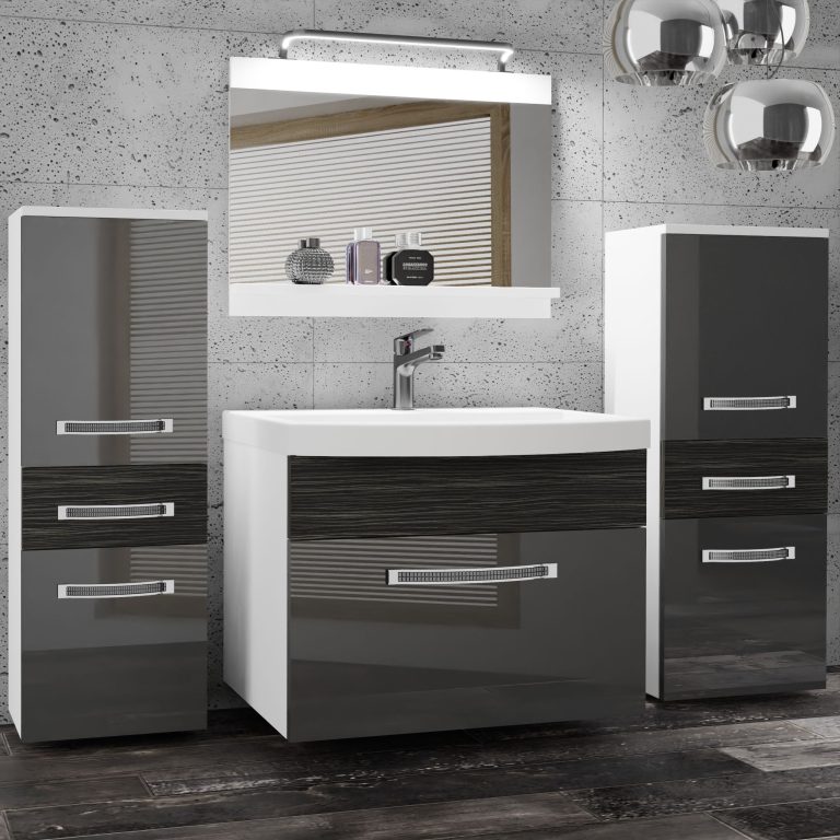 Set mobilă de baie Belini Premium Full Version gri lucios / abanos regal + chiuveta + oglinda + iluminare LED GLA PM 4/0/W/SHK/0/MB/PP
