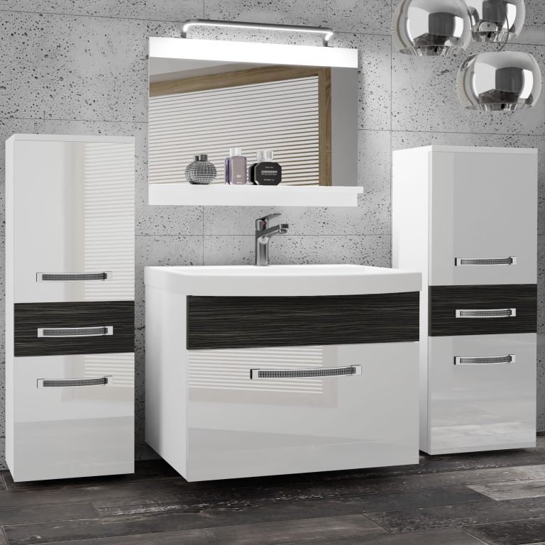 Set mobilă de baie Belini Premium Full Version alb lucios / abanos regal + chiuveta + oglinda + iluminare LED PM 4/0/W/WHK/0/MB/PP