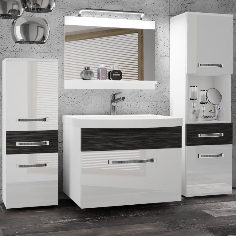 Set mobilă de baie Belini Premium Full Version alb lucios / abanos regal + chiuveta + oglinda + iluminare LED GLA PM 5/0/W/WHK/0/MB/PP