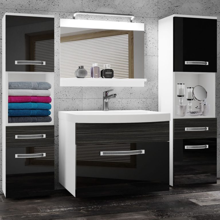 Set mobilă de baie Belini Premium Full Version negru lucios / abanos regal + chiuveta + oglinda + iluminare LED GLA PM 6/0/W/BHK/0/MB/PP
