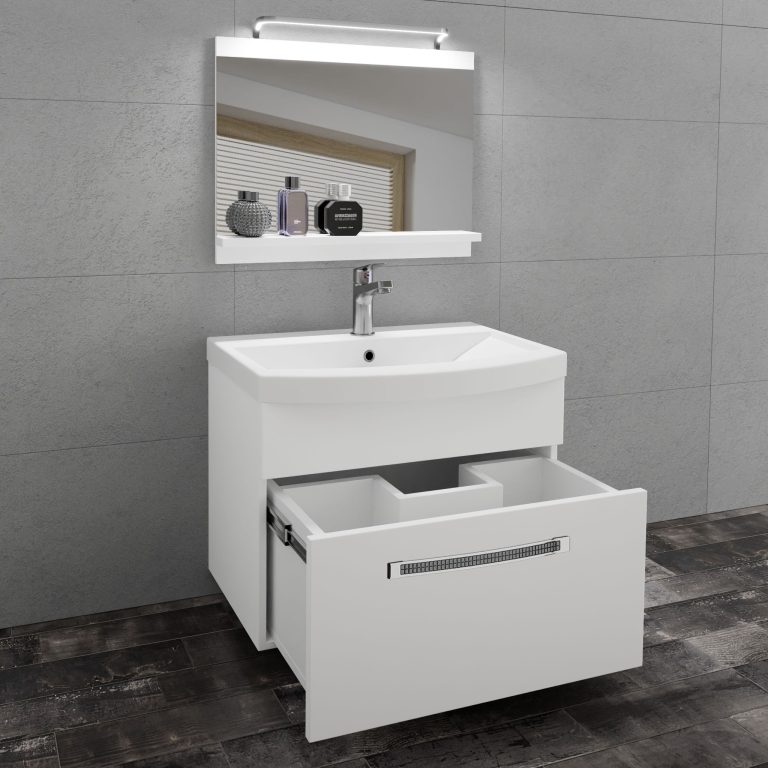 Set mobilă de baie Belini Premium Full Version alb mat + chiuveta + oglinda + iluminare LED GLA M 1/0/W/W/0/MB/PP
