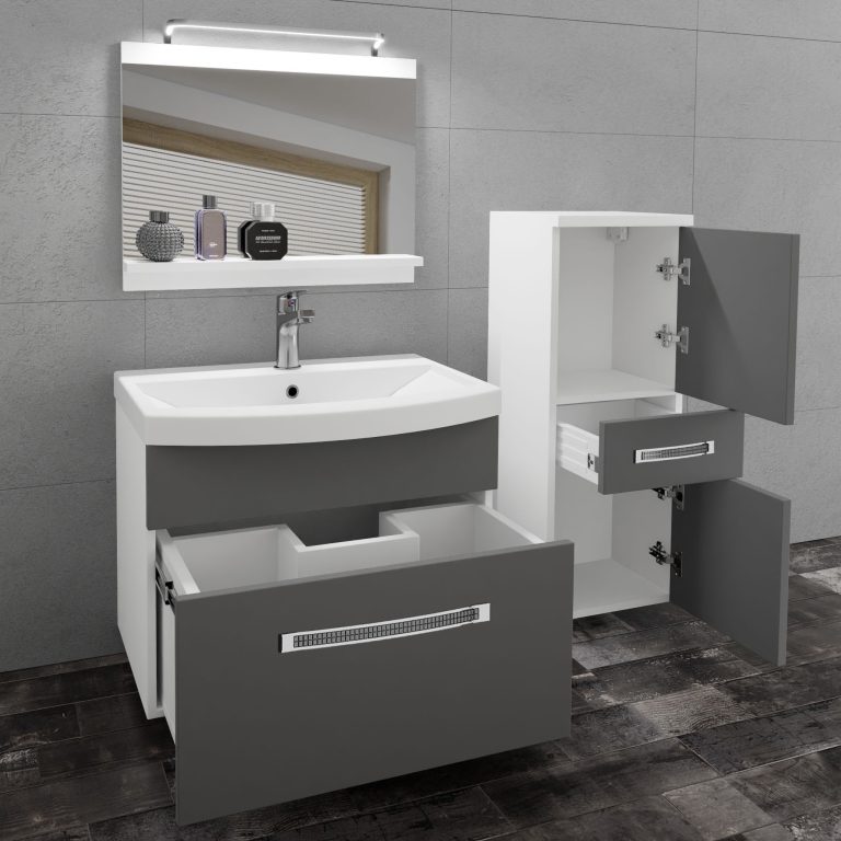 Set mobilă  de baie Belini Premium Full Version gri mat + chiuveta + oglinda + iluminare LED GLA M 2/0/W/SR/0/MB/PP