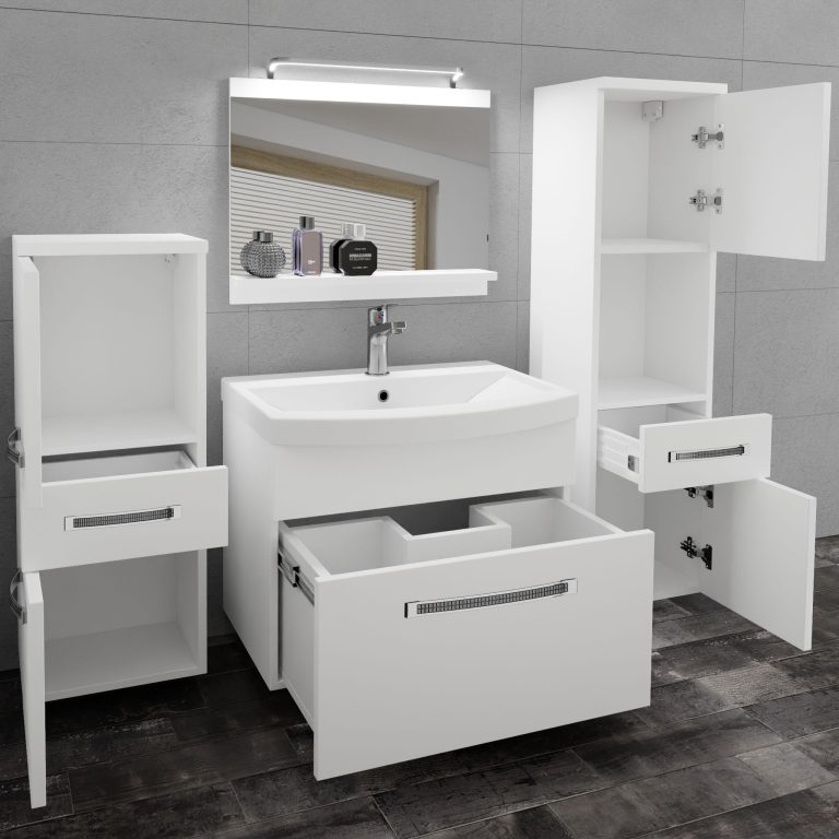 Set mobilă de baie Belini Premium Full Version alb mat + chiuveta + oglinda + iluminare LED GLA M 5/0/W/W/0/MB/PP