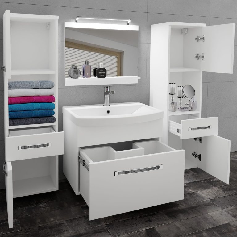 Set mobilă de baie Belini Premium Full Version alb mat + chiuveta + oglinda + iluminare LED GLA M 6/0/W/W/0/MB/PP
