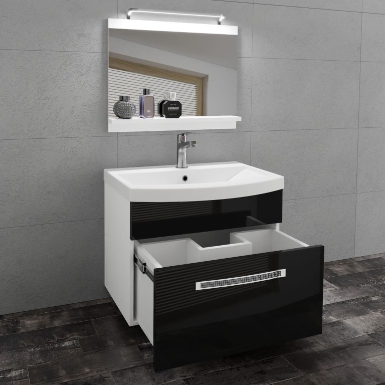 Set mobilă  de baie Belini Premium Full Version negru lucios + chiuveta + oglinda + iluminare LED GLA P 1/0/W/B/0/MB/PP
