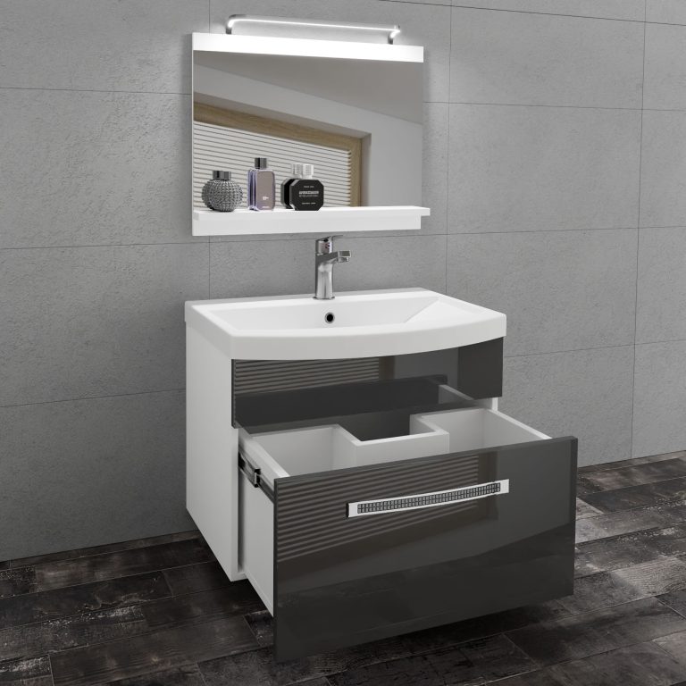 Set mobilă  de baie Belini Premium Full Version gri lucios + chiuveta + oglinda + iluminare LED GLA P 1/0/W/B/0/MB/PP