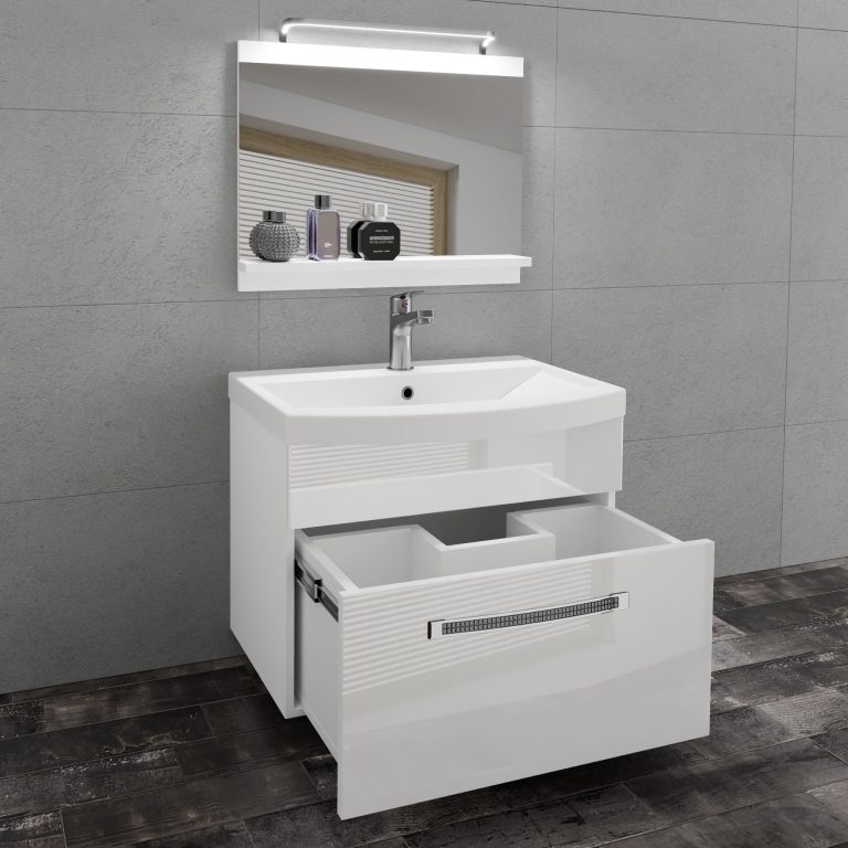 Set mobilă  de baie Belini Premium Full Version alb lucios + chiuveta + oglinda + iluminare LED GLA P 1/0/W/W/0/MB/PP