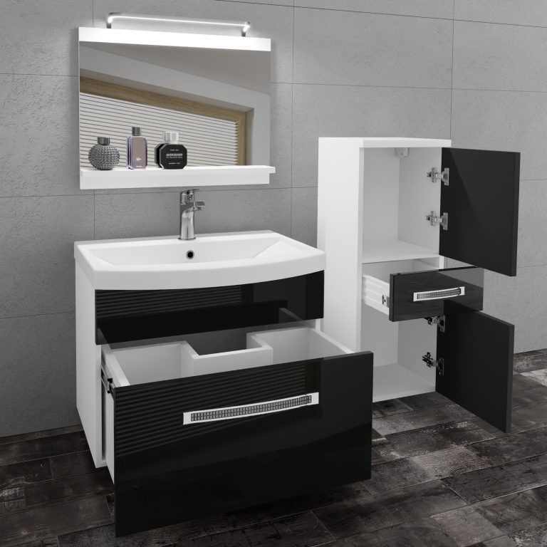 Set mobilă  de baie Belini Premium Full Version negru lucios
 + chiuveta + oglinda + iluminare LED GLA P 2/0/W/B/0/MB/PP