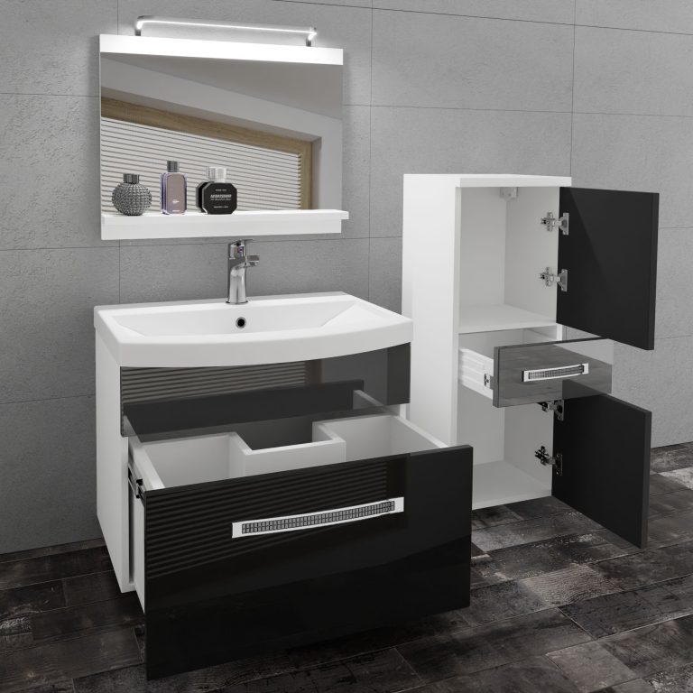 Set mobilă  de baie Belini Premium Full Version negru lucios / gri luciu
 + chiuveta + oglinda + iluminare LED  GLA P 2/0/W/BS/0/MB/PP
