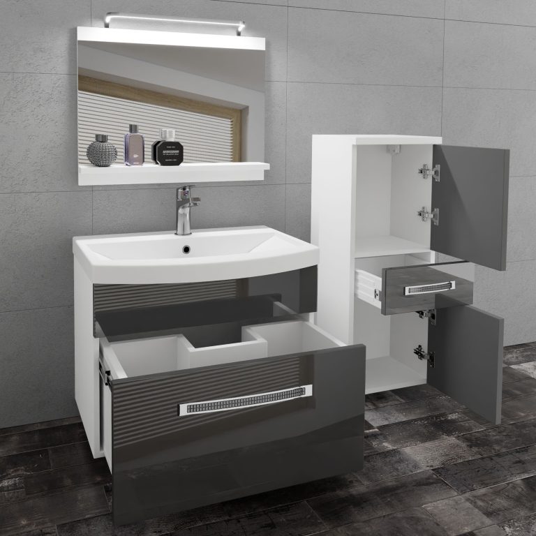 Set mobilă  de baie Belini Premium Full Version gri lucios + chiuveta + oglinda + iluminare LED GLA P 2/0/W/S/0/MB/PP