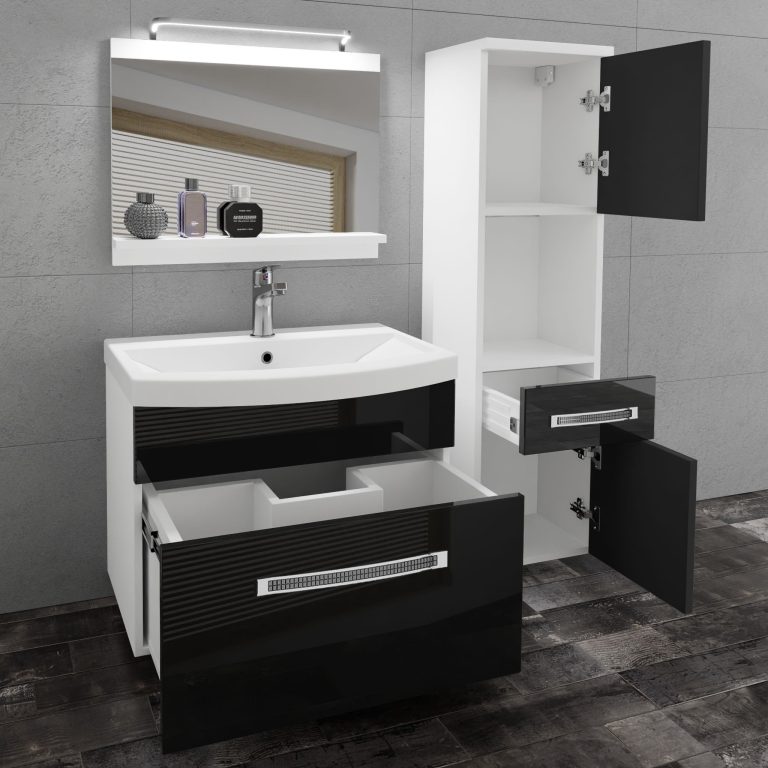 Set mobilă  de baie Belini Premium Full Version negru lucios
 + chiuveta + oglinda + iluminare LED GLA P 3/0/W/B/0/MB/PP
