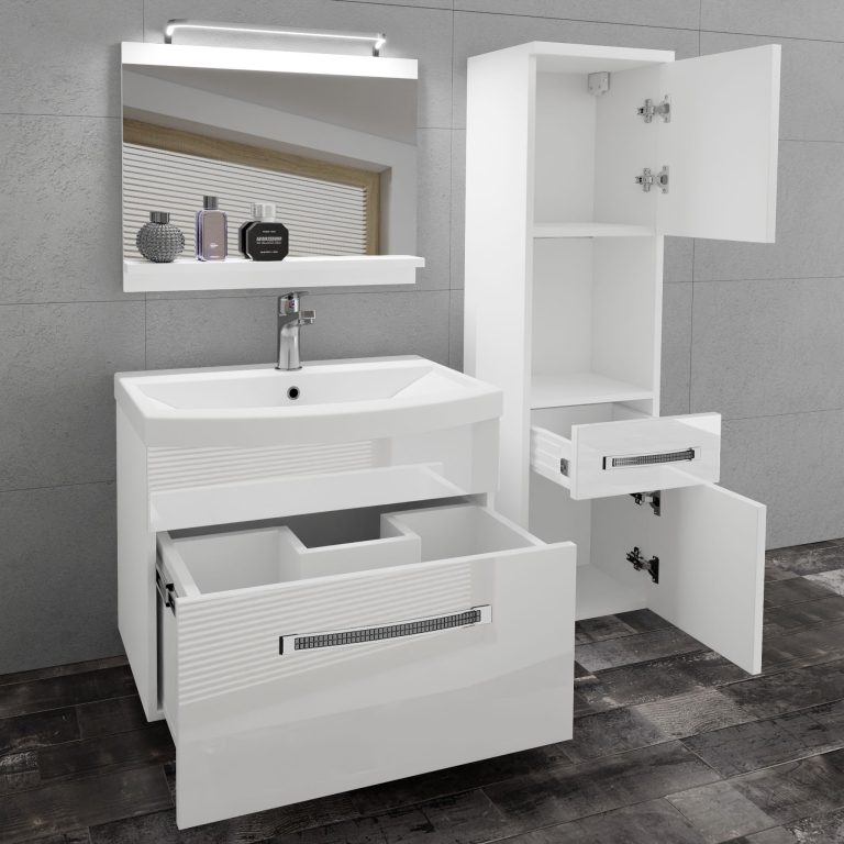 Set mobilă  de baie Belini Premium Full Version alb lucios + chiuveta + oglinda + iluminare LED  GLA P 3/0/W/W/0/MB/PP
