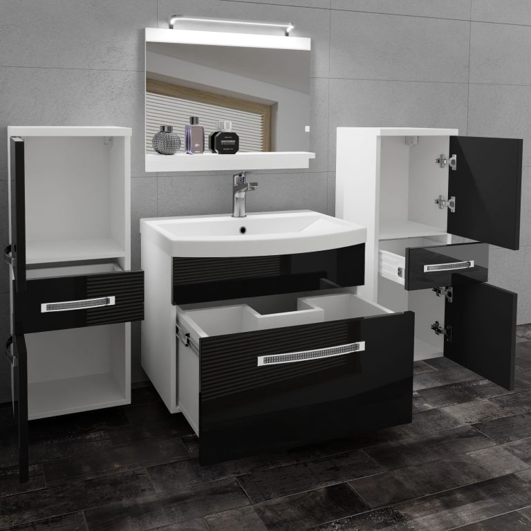 Set mobilă de baie Belini Premium Full Version negru lucios
+ chiuveta + oglinda + iluminare LED GLA P 4/0/W/B/0/MB/PP 
