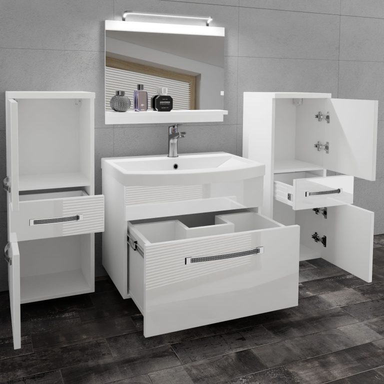 Set mobilă de baie Belini Premium Full Version alb lucios + chiuveta + oglinda + iluminare LED GLA P 4/0/W/W/0/MB/PP