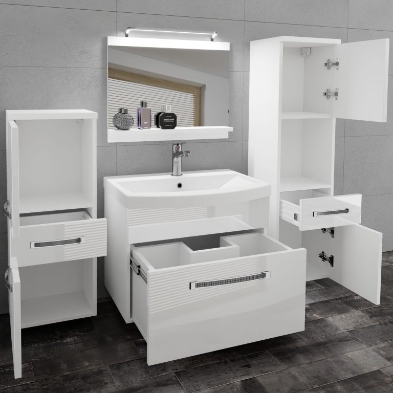 Set mobilă de baie Belini Premium Full Version alb lucios + chiuveta + oglinda + iluminare LED GLA P 5/0/W/W/0/MB/PP