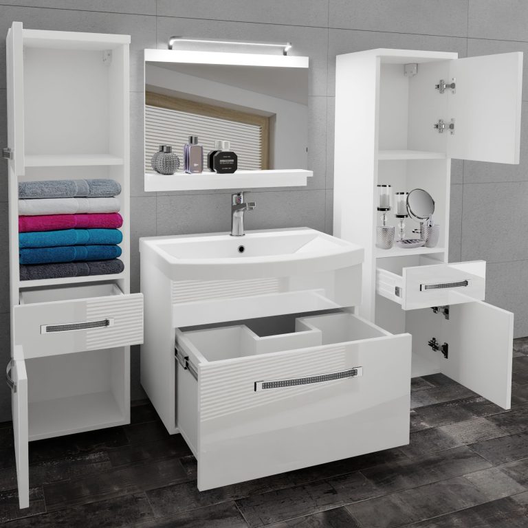 Set mobilă de baie Belini Premium Full Version alb lucios + chiuveta + oglinda + iluminare LED GLA P 6/0/W/W/0/MB/PP