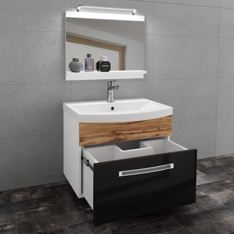 Set mobilă  de baie Belini Premium Full Version negru lucios / stejar wotan + chiuveta + oglinda + iluminare LED GLA PM 1/0/W/BDW/0/MB/PP