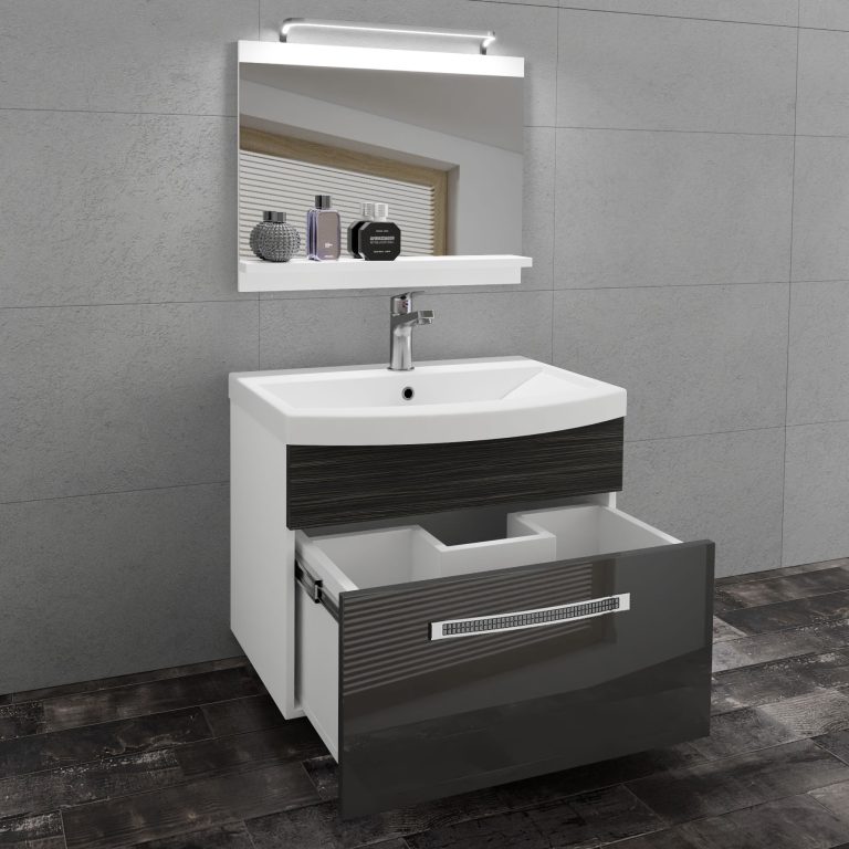 Set mobilă de baie Belini Premium Full Version gri lucios / abanos regal + chiuveta + oglinda + iluminare LED GLA PM 1/0/W/SHK/0/MB/PP
