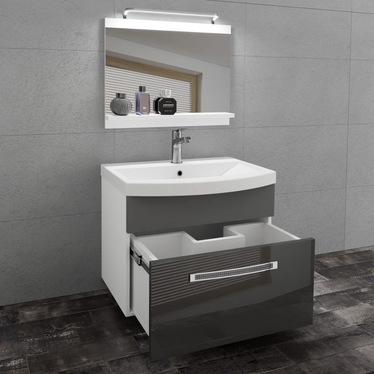 Set mobilă  de baie Belini Premium Full Version gri lucios / gri mat + chiuveta + oglinda + iluminare LED GLA PM 1/0/W/SSR/0/MB/PP