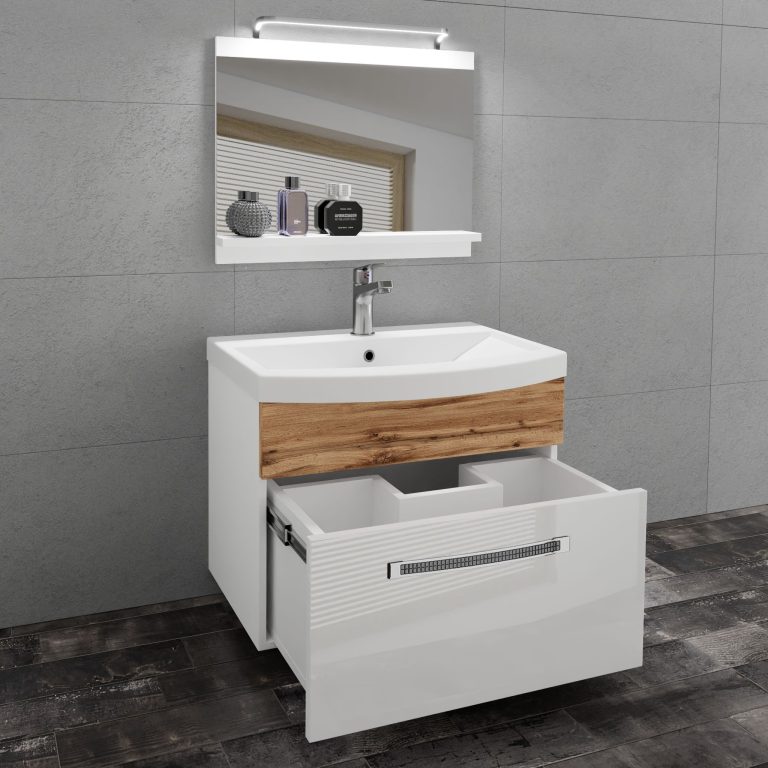 Set mobilă  de baie Belini Premium Full Version alb lucios / stejar wotan + chiuveta + oglinda + iluminare LED  GLA PM 1/0/W/WDW/0/MB/PP