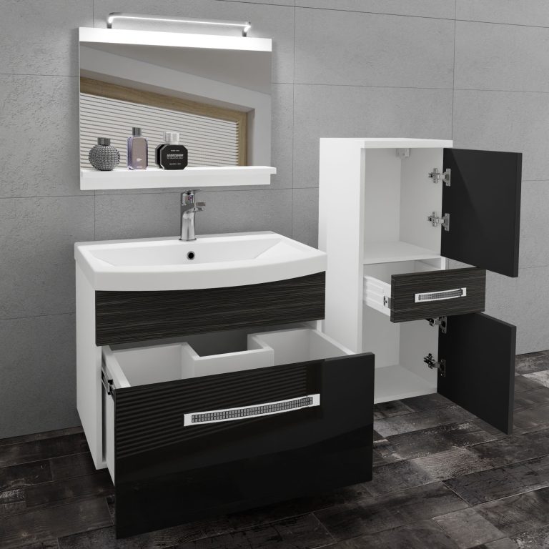 Set mobilă  de baie Belini Premium Full Version negru lucios / abanos regal + chiuveta + oglinda + iluminare LED  GLA PM 2/0/W/BHK/0/MB/PP