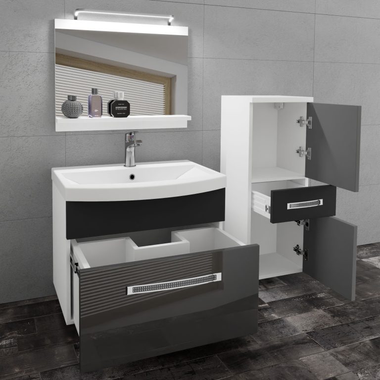 Set mobilă  de baie Belini Premium Full Version gri lucios / negru mat + chiuveta + oglinda + iluminare LED GLA PM 2/0/W/SB/0/MB/PP