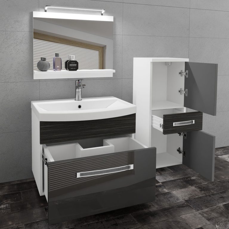Set mobilă  de baie Belini Premium Full Version gri lucios / abanos regal + chiuveta + oglinda + iluminare LED GLA PM 2/0/W/SHK/0/MB/PP