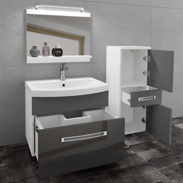 Set mobilă de baie Belini Premium Full Version gri lucios / gri mat + chiuveta + oglinda + iluminare LED GLA PM 2/0/W/SSR/0/MB/PP