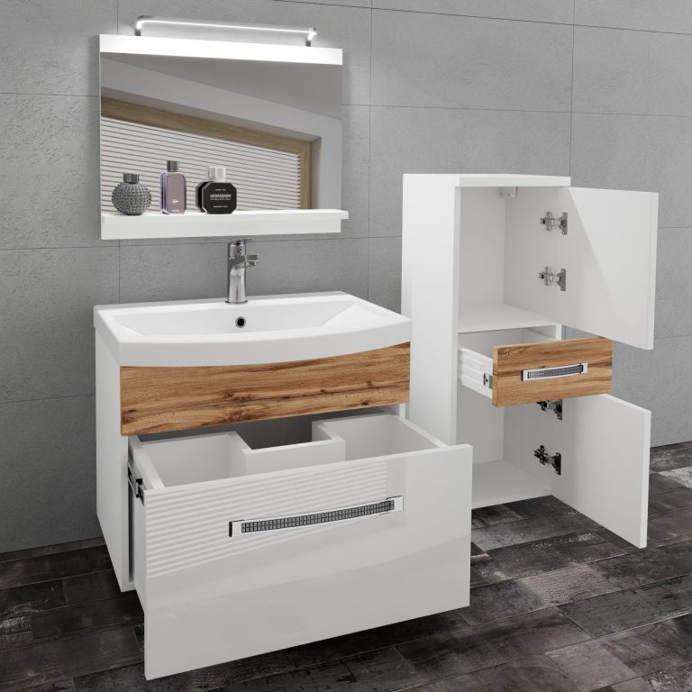 Set mobilă  de baie Belini Premium Full Version alb lucios / stejar wotan
+ chiuveta + oglinda + iluminare LED GLA PM 2/0/W/WDW/0/MB/PP