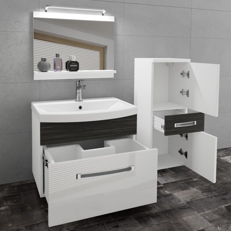Set mobilă  de baie Belini Premium Full Version alb lucios / abanos regal + chiuveta + oglinda + iluminare LED GLA PM 2/0/W/WHK/0/MB/PP