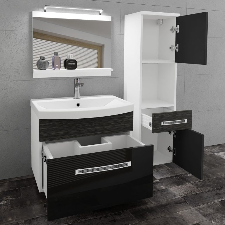 Set mobilă de baie Belini Premium Full Version negru lucios / abanos regal + chiuveta + oglinda + iluminare LED  GLA PM 3/0/W/BHK/0/MB/PP