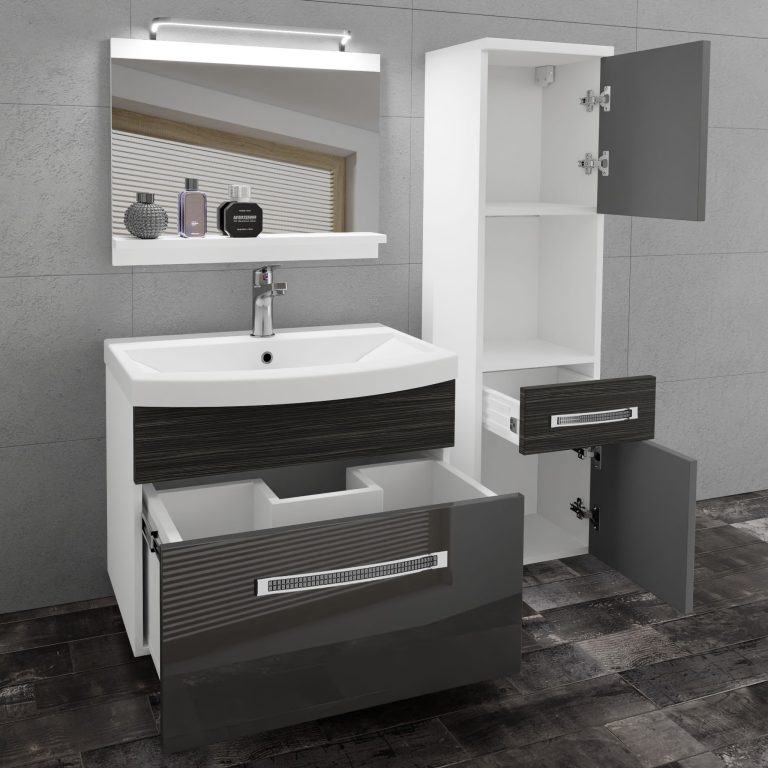 Set mobilă  de baie Belini Premium Full Version gri lucios / abanos regal + chiuveta + oglinda + iluminare LED GLA PM 3/0/W/SHK/0/MB/PP