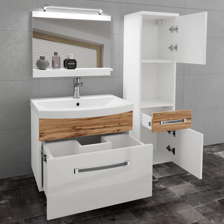 Set mobilă  de baie Belini Premium Full Version alb lucios / stejar wotan
 + chiuveta + oglinda + iluminare LED  GLA PM 3/0/W/WDW/0/MB/PP