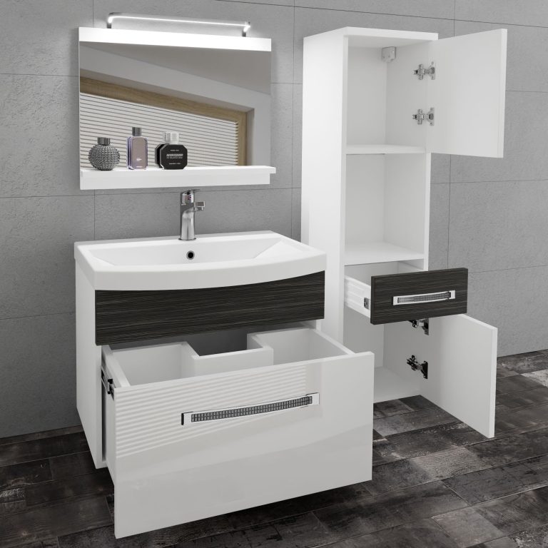 Set mobilă  de baie Belini Premium Full Version alb lucios / abanos regal + chiuveta + oglinda + iluminare LED GLA PM 3/0/W/WHK/0/MB/PP