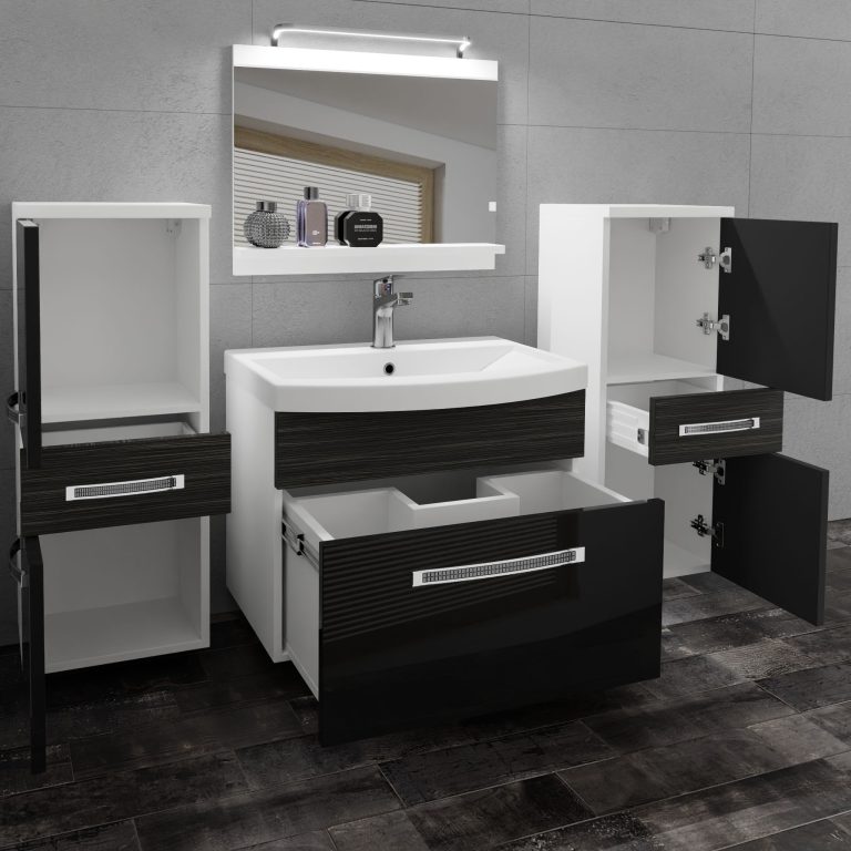 Set mobilă de baie Belini Premium Full Version negru lucios / abanos regal + chiuveta + oglinda + iluminare LED GLA PM 4/0/W/BHK/0/MB/PP