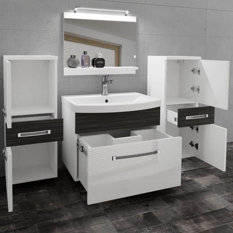 Set mobilă de baie Belini Premium Full Version alb lucios / abanos regal + chiuveta + oglinda + iluminare LED PM 4/0/W/WHK/0/MB/PP