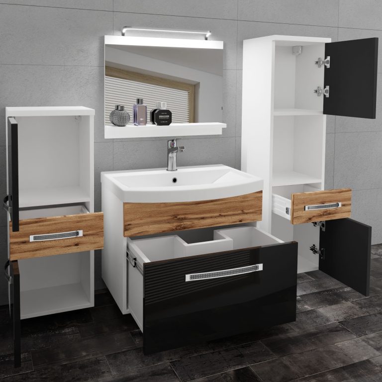 Set mobilă de baie Belini Premium Full Version negru lucios / stejar wotan + chiuveta + oglinda + iluminare LED GLA PM 5/0/W/BDW/0/MB/PP
