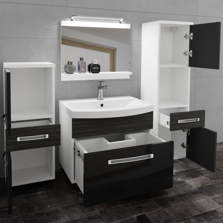 Set mobilă de baie Belini Premium Full Version negru lucios / abanos regal + chiuveta + oglinda + iluminare LED GLA PM 5/0/W/BHK/0/MB/PP