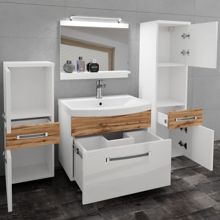 Set mobilă de baie Belini Premium Full Version alb lucios / stejar wotan
+ chiuveta + oglinda + iluminare LED GLA PM 5/0/W/WDW/0/MB/PP
