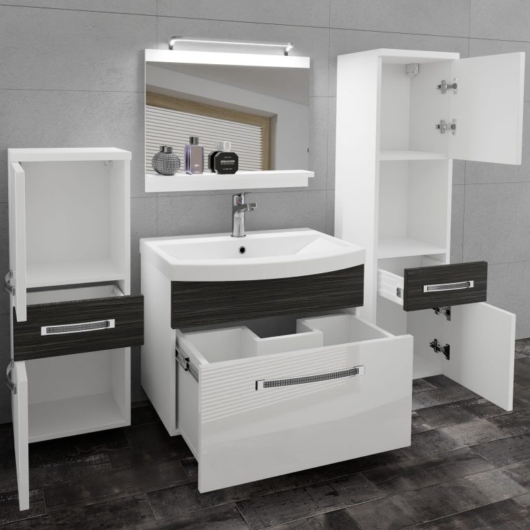 Set mobilă de baie Belini Premium Full Version alb lucios / abanos regal + chiuveta + oglinda + iluminare LED GLA PM 5/0/W/WHK/0/MB/PP