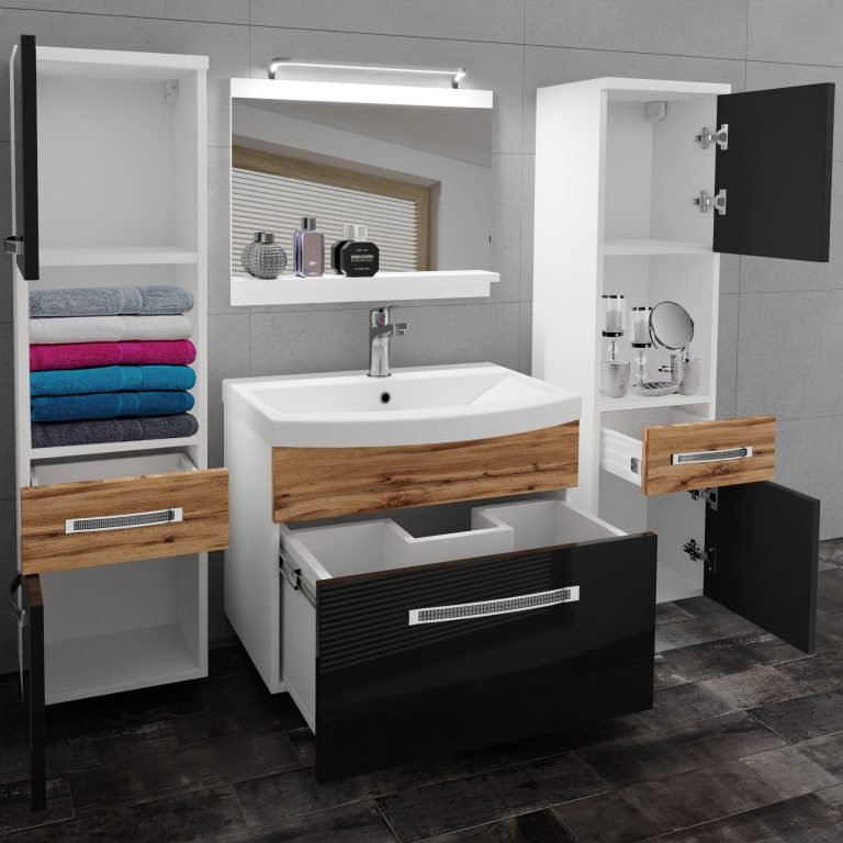 Set mobilă de baie Belini Premium Full Version negru lucios / stejar wotan + chiuveta + oglinda + iluminare LED GLA PM 6/0/W/BDW/0/MB/PP