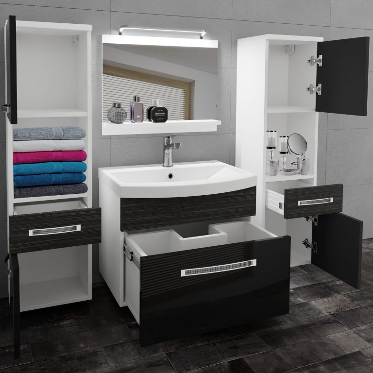 Set mobilă de baie Belini Premium Full Version negru lucios / abanos regal + chiuveta + oglinda + iluminare LED GLA PM 6/0/W/BHK/0/MB/PP

