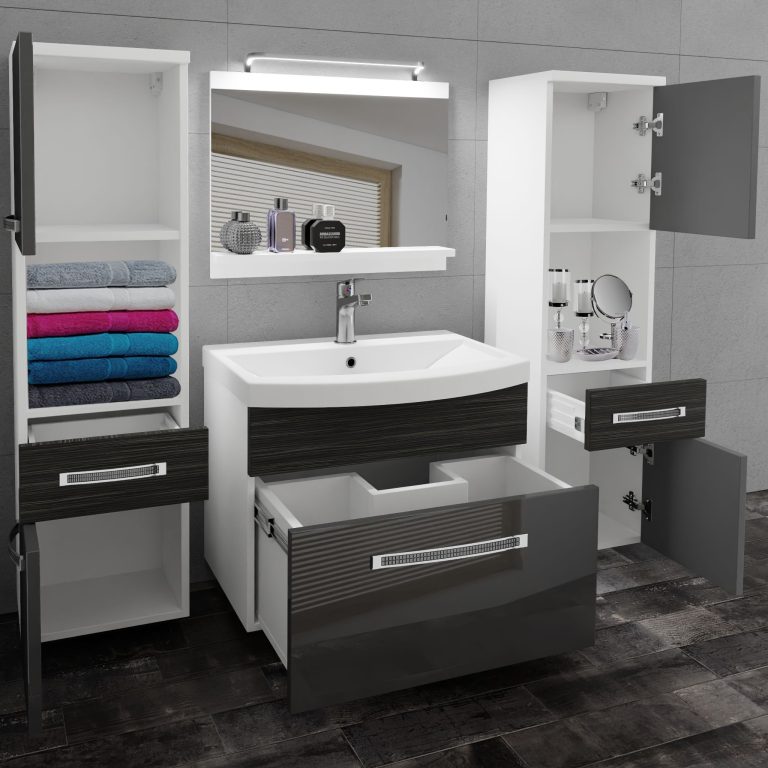 Set mobilă de baie Belini Premium Full Version gri lucios / abanos regal + chiuveta + oglinda + iluminare LED GLA PM 6/0/W/SHK/0/MB/PP