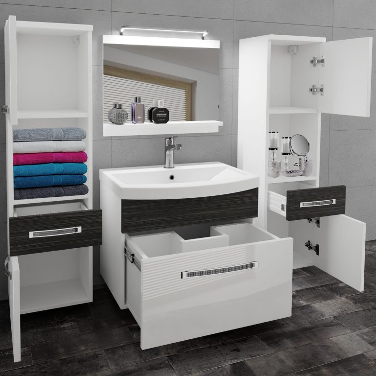 Set mobilă de baie Belini Premium Full Version alb lucios / abanos regal + chiuveta + oglinda + iluminare LED GLA PM 6/0/W/WHK/0/MB/PP